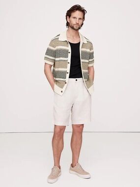 Banana Republic Men’s Medium Crochet Resort Shirt Striped Knit Cotton Medium
